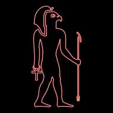 Neon ra Eski Mısır güneş tanrısı Şahin başlı kırmızı renk vektör illüstrasyon düz ışık