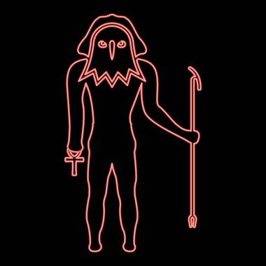 Neon ra Eski Mısır güneş tanrısı Şahin başlı kırmızı renk vektör illüstrasyon düz ışık