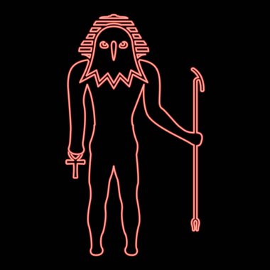 Neon Mısırlı güneş tanrısı Ra antik ve şahin başlı kırmızı renk vektör resimli düz ışık