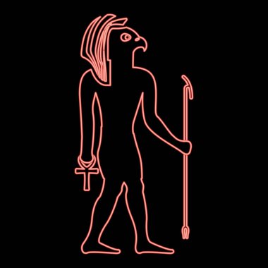 Neon Mısırlı güneş tanrısı Ra antik ve şahin başlı kırmızı renk vektör resimli düz ışık