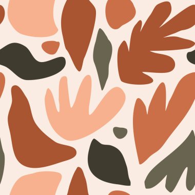 Soyut organik ve çiçekli şekilleri içeren pürüzsüz yinelenen desenler sıcak toprak renklerinde. Çağdaş kolaj tarzı kumaş, poster, duvar kağıdı, ambalaj tasarımı.