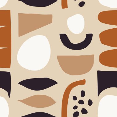 Açık kahverengi, bej, krema ve siyah gibi soyut geometrik şekillerle kusursuz tekrarlayan desen. Moda ve şık duvar kağıdı, tekstil, markalaşma ve ambalaj tasarımı, modern duvar sanatı.