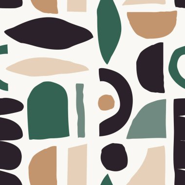 Açık kahverengi, bej, krema, yeşil ve siyah soyut geometrik şekillerle kusursuz tekrarlayan desen. Moda ve şık duvar kağıdı, tekstil, markalaşma ve ambalaj tasarımı, modern duvar sanatı.