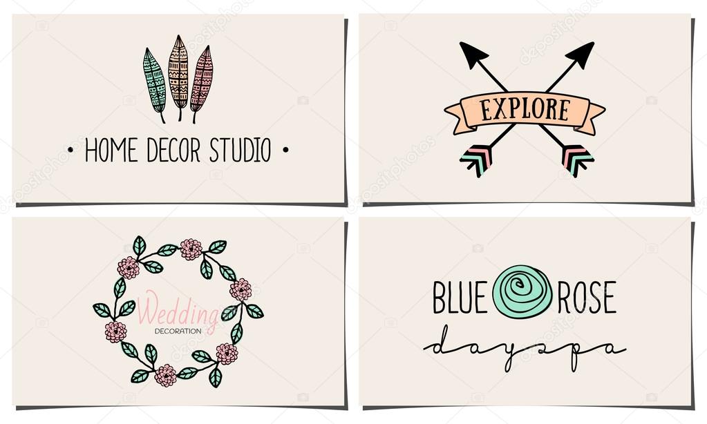 A set of four stylish and elegant business card templates. Hand drawn floral design elements, feathers, leaves, arrows in pastel pink, blue and orange.