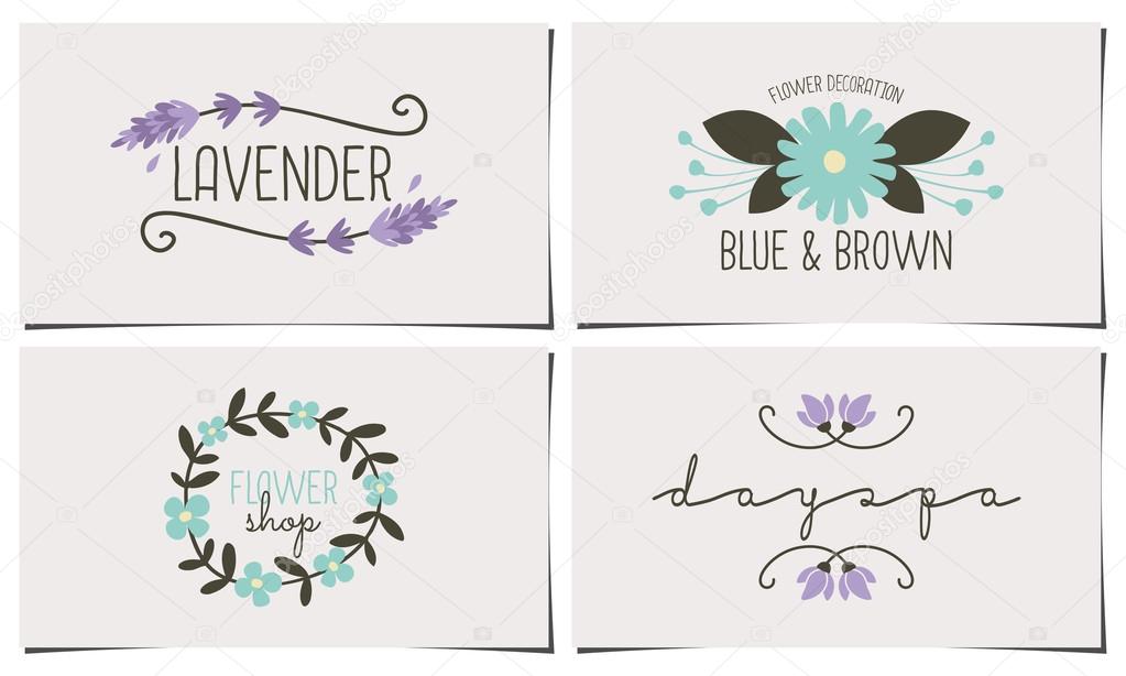 A set of four stylish and elegant business card templates. Hand drawn floral design elements in pastel blue, violet and dark brown. Fashion, florist, spa, beauty salon design identity concepts.
