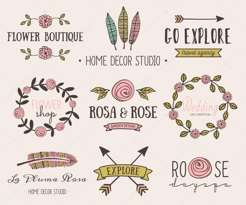 A set of hand drawn vintage style design elements. Modern and elegant premade typographic logo designs for florists, travel agencies, wedding and home decor.