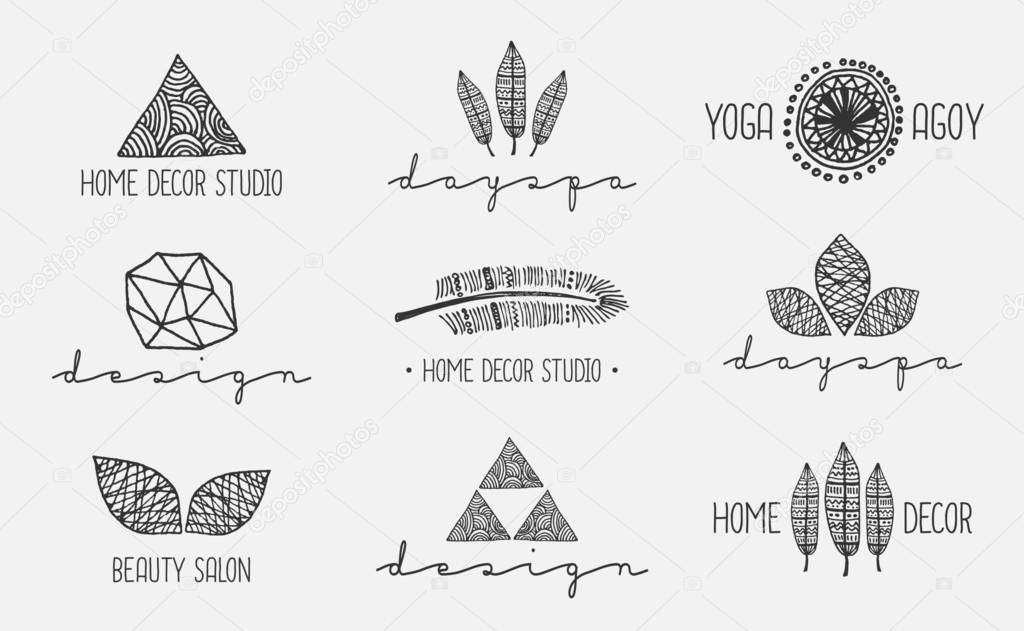 A set of nine modern and elegant hand drawn logo designs, isolated on light gray background. Hand drawn design elements, feathers, leaves, triangles, geometric shapes.