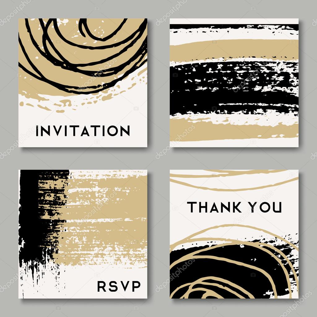 Un insieme di modelli di cartolina d auguri di stile disegnato a mano in nero bianco e oro Astratto i tratti di pennello e inchiostro disegni del reticolo