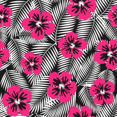 Hibiscus çiçek ve palmiye yaprakları seamless modeli