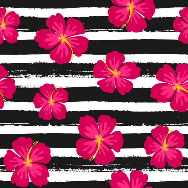 Hibiscus Fleurs et rayures Modèle sans couture — Image vectorielle