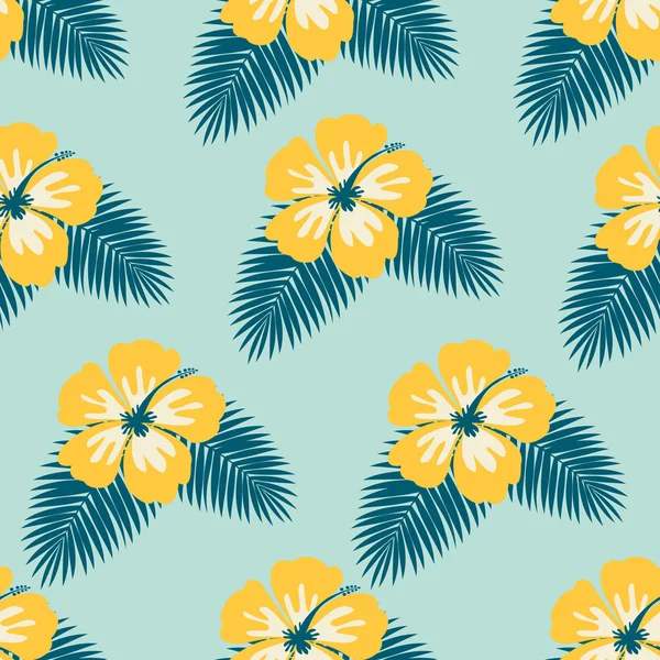 Hibiscus bloemen en palm bladeren naadloze patroon — Stockvector