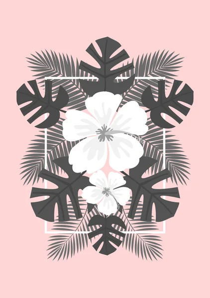 Гибискус Цветы и пальмовые листья — стоковый вектор