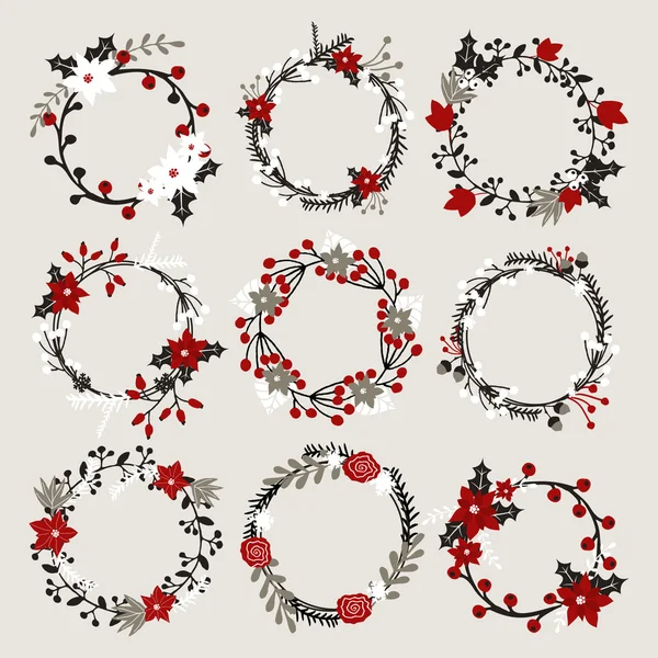 Christmas Floral Wreaths Collection — Stock Vector