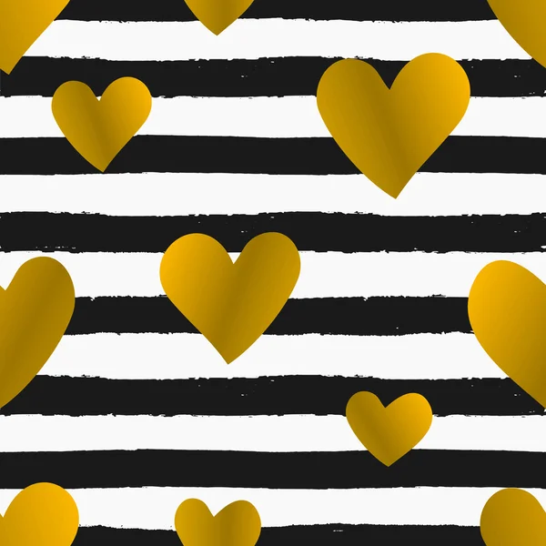 Gold Hearts and Stripes Seamless Pattern — ストックベクタ