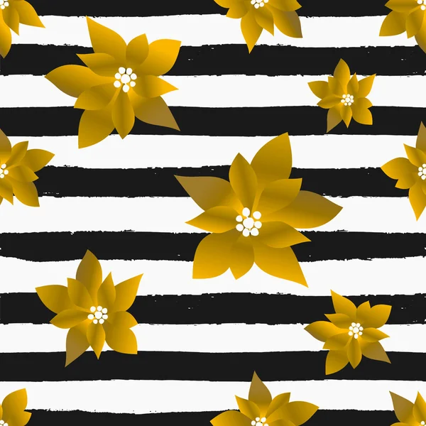 Gold Poinsettias and Stripes Seamless Pattern — Stock vektor