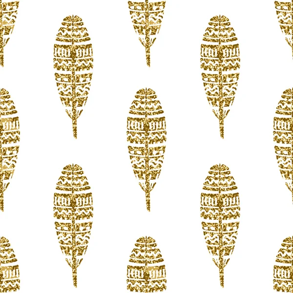 Gold Glitter Feathers Seamless Pattern — 图库矢量图片