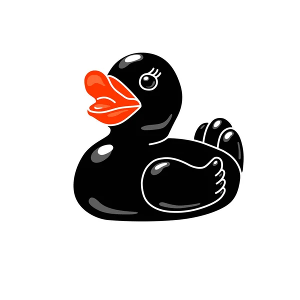 Classic Black Rubber Duck Red Beak Isolated White Background Cartoon — Stockvector