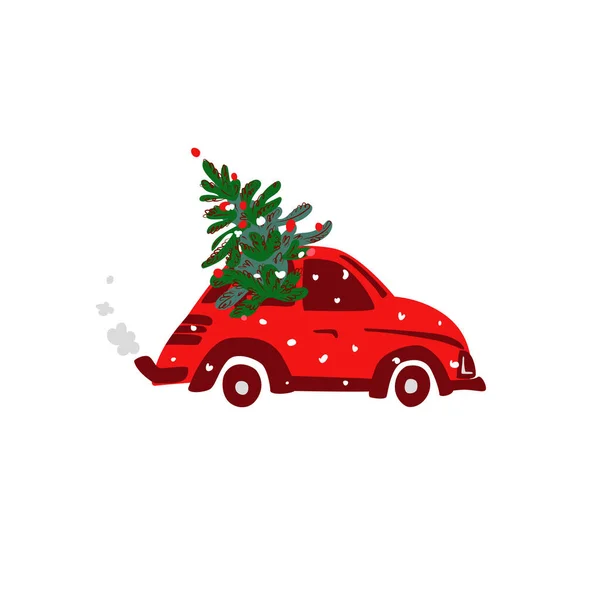 Carro Retro Vermelho Decoração Árvore Natal Nevasca Arte Clipe Inverno — Vetor de Stock