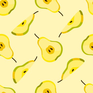 Tatlı, pürüzsüz armut parçaları ve ışık arka planında izole edilmiş dilimler. Yiyecek ya da içecek kavramı. Tekstil baskısı, ambalaj kağıdı, duvar kağıdı arkaplanı için stok vektör çizimi