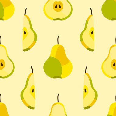 Tatlı, pürüzsüz armut parçaları ve ışık arka planında izole edilmiş dilimler. Yiyecek ya da içecek kavramı. Tekstil baskısı, ambalaj kağıdı, duvar kağıdı arkaplanı için stok vektör çizimi