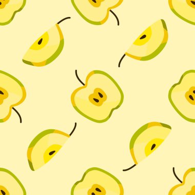 Tatlı, pürüzsüz, taze elma dilimleri ve ince arkaplanda izole edilmiş. Yiyecek ya da içecek kavramı. Tekstil baskısı, ambalaj kağıdı, duvar kağıdı arkaplanı için stok vektör çizimi