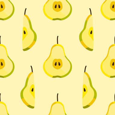 Tatlı, pürüzsüz armut parçaları ve ışık arka planında izole edilmiş dilimler. Yiyecek ya da içecek kavramı. Tekstil baskısı, ambalaj kağıdı, duvar kağıdı arkaplanı için stok vektör çizimi