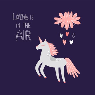 Şirin tek boynuzlu at. Havada aşk kokusu var. Çizgi film karakteri. Sevgililer günü kartı. Karanlık arka planda izole edilmiş, düz tarzda komik bir hayvan. Tişört baskısı, poster, çıkartma, logo, simge tasarımı için vektör illüstrasyonu
