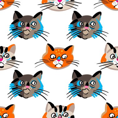 Vector seamless pattern with funny cats heads isolated on white background. Cute animal theme background. Stock clipart with design element for wrapping, card, t-shirt print, invitation, accessories