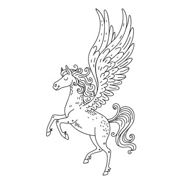 Güzel çizgi film Pegasus taslağı çizimi. Siyah ve beyaz çizgili uçan kanatlı at sanatı. Çocuklar için boyama sayfası, fantezi hayvan resimleri, çocuk kitapları ve eğitim malzemeleri için efsanevi yaratıklar..