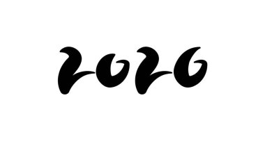 2026 - Siyah mürekkep numaraları beyaz arka planda izole edildi. Asya tarzında el çizimi harfler. Boya fırçası el yazısı. - Mutlu yıllar. Tatil posterleri, tebrik kartları, afişler için basit illüstrasyonlar 