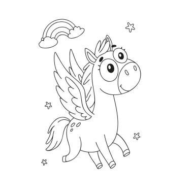 Tatlı çizgi film Pegasus ana hatları vektör çizimi. Siyah ve beyaz çizgili uçan kanatlı at sanatı. Çocuklar için boyama sayfası, fantezi hayvan resimleri, çocuk kitapları ve eğitim malzemeleri için efsanevi yaratıklar..