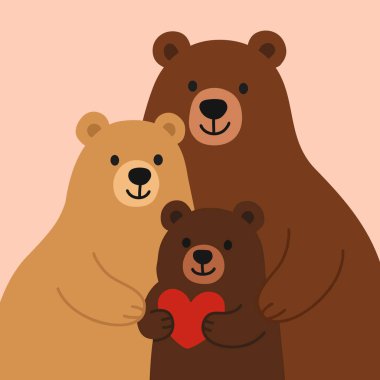 Üç çizgi film ayısının sevimli vektör çizimi bir arada duruyor. Mutlu hayvan ailesi. Kırmızı bir kalbi olan küçük bir ayı. Pastel renkler. Çocuk kitapları, çocuk resimleri, kartpostallar ve eğlenceli tasarım projeleri için mükemmel.