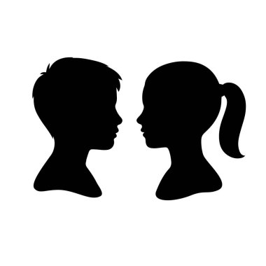 Birbirlerine bakan genç bir erkek ve kızın siluetleri. Oğlanın kısa saçı ve kızın at kuyruğu var. Her ikisi de profil görünümünde resmedilmiş. Vektör simgesi ayarlandı