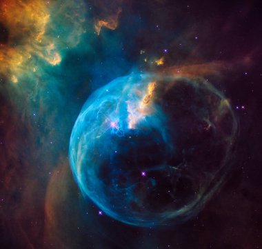 Kabarcık Bulutsusu ya da NGC 7635 'in Hubble görüntüsü, süper sıcak, devasa bir yıldız tarafından uzaya savruluyor. Arka plan şablonu, Nasa tarafından desteklenen bu resmin elementleri.
