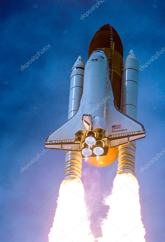 Spewing twin columns of fire from the solid rocket boosters as space shuttle Discovery roars into the blue Florida sky toward space on mission STS-120. background template , elements of this image furnished by nasa