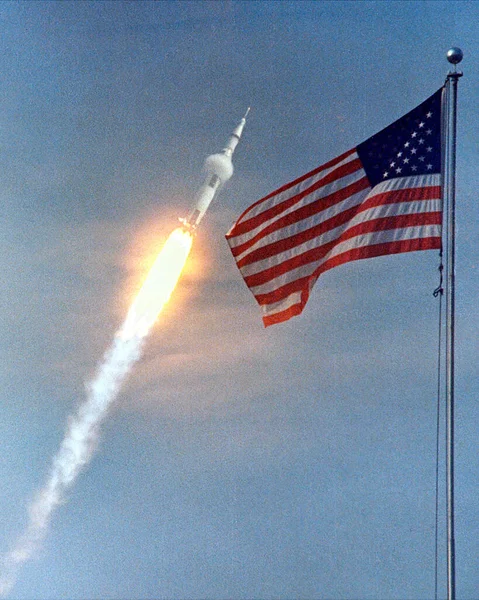 Amerykańska Flaga Zwiastuje Lot Apollo Wzór Tła Elementy Tego Obrazu — Zdjęcie stockowe