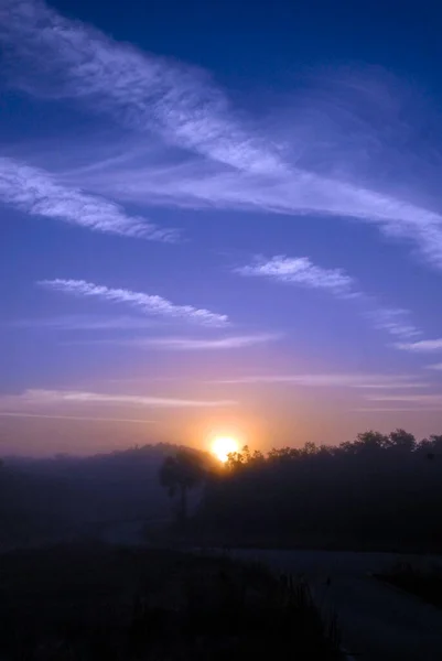 Sunrise Бросает Оранжевое Свечение Над Лесистым Ландшафтом Вокруг Фонового Шаблона — стоковое фото