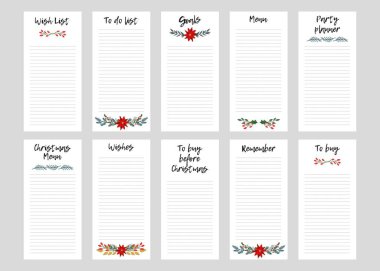 10 Noel planlayıcısı sayfa A4. Liste, menü, satın almak ve dilek listesi yapmak için