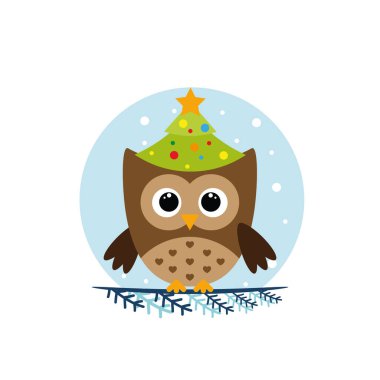 Dal üzerinde oturan kış baykuşu, düz baykuş simgesi, vektör illüstrasyonu