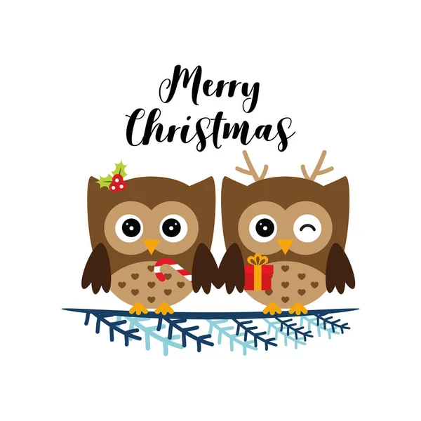 Deux Hiboux Assis Sur Branche Souhaitant Joyeux Noël Icône Hibou — Image vectorielle