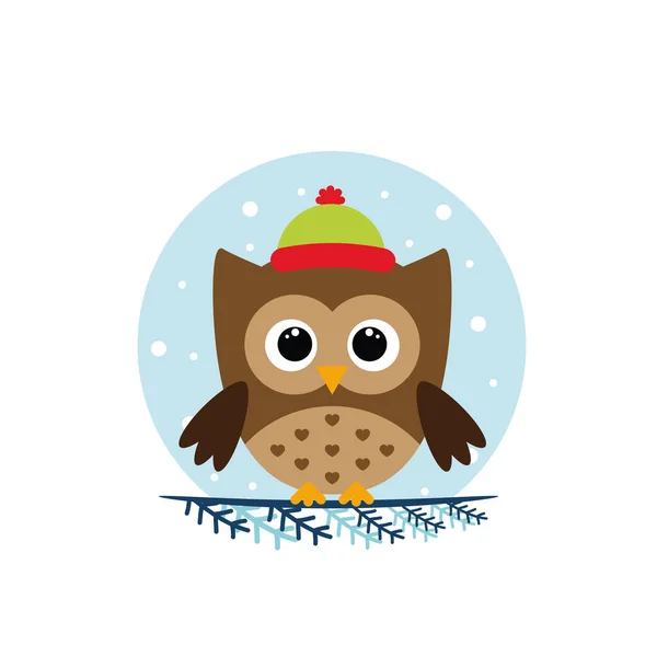 Winter Owl Sitting Branch Flat Owl Icon Vector Illustration — Stock Vector