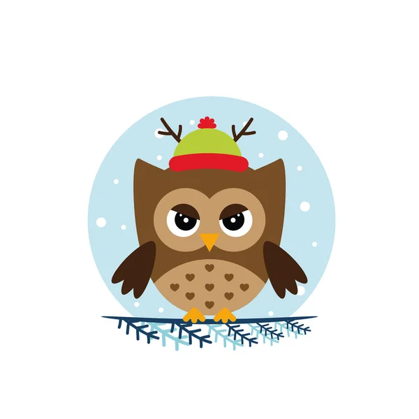 Winter Owl Sitting Branch Flat Owl Icon Vector Illustration — Stock Vector