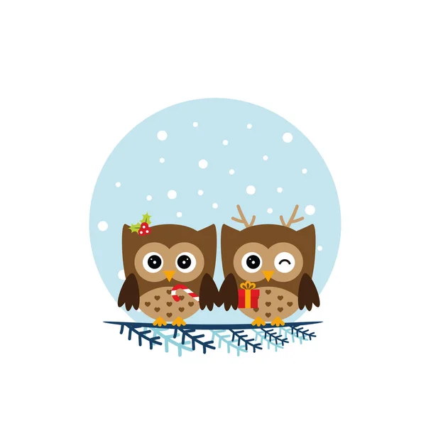Two Owls Sitting Branch Flat Owl Icon Vector Illustration — Stock Vector