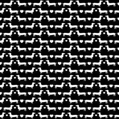 Dachshunds monokrom dikişsiz desen, vektör arkaplan, siyah ve beyaz