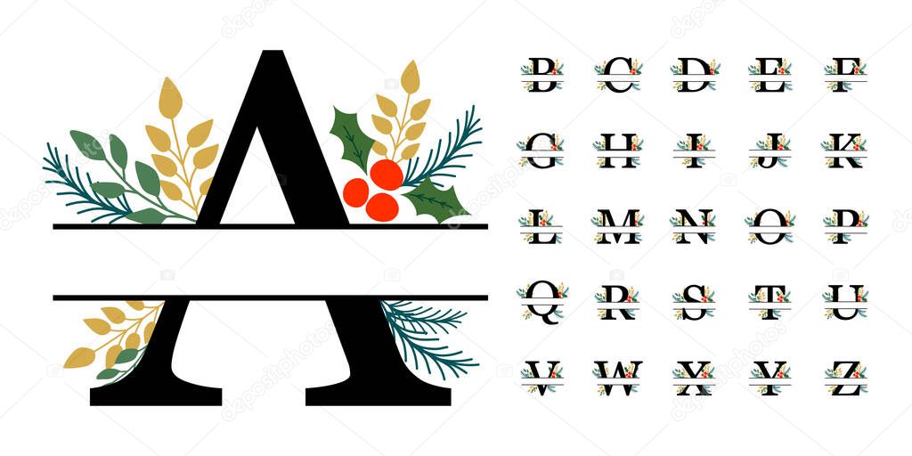 Christmas Split Monogram Alphabet, Florals, Vector Illustration