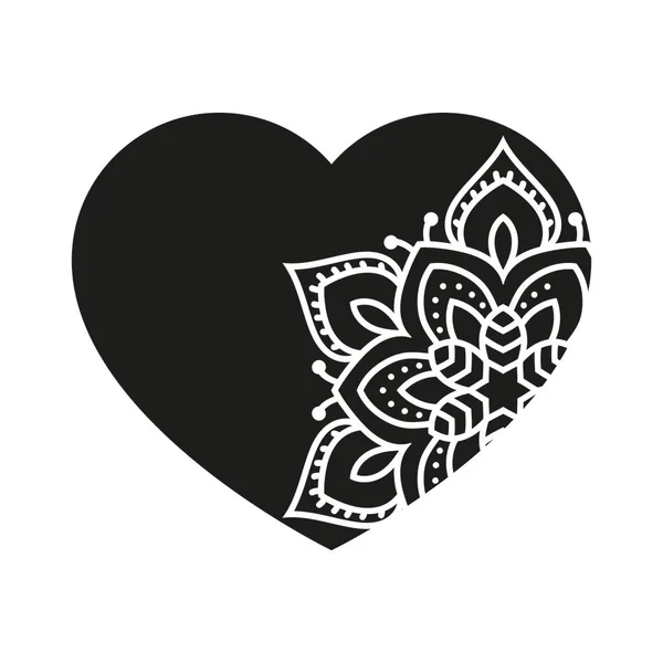 Corazón Con Adorno Diseño Mandala Día San Valentín Blanco Negro — Vector de stock