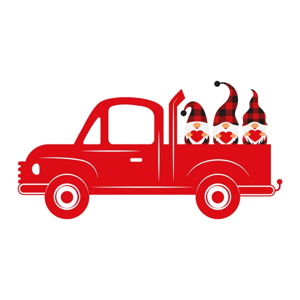 Voiture Saint Valentin Camion Avec Trois Gnomes Saint Valentin Silhouette — Image vectorielle