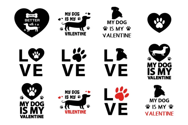 Hond Mijn Valentijn Set Wenskaarten Voor Valentijnsdag — Stockvector