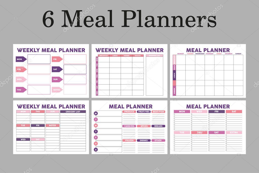 Meal planners A4 size, set of 6 planner pages, great for bullet journal.Healthy, diet planners.