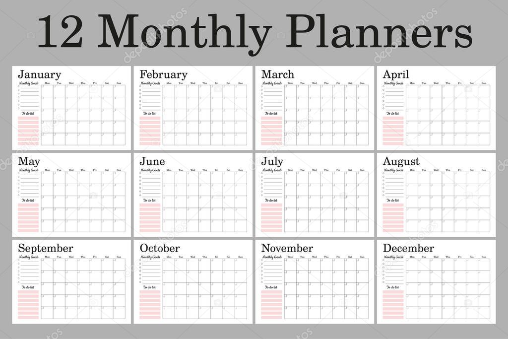 Monthly planners A4 size, set of 12 planner pages, great for dairies organizers, bullet journal.
